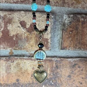 ceramic pine trees & bronze Heart Pendant & glass Beaded Necklace